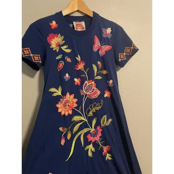 Johnny Was Gracey Crew Neck Swing Dress Womens XXS Embroidered Floral Butterfly - Picture 2 of 10